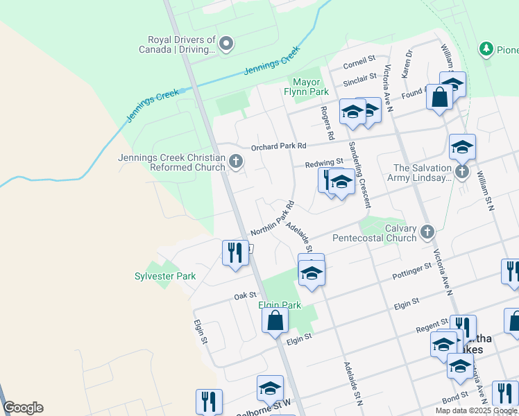 map of restaurants, bars, coffee shops, grocery stores, and more near 25 Westwood Court in Kawartha Lakes