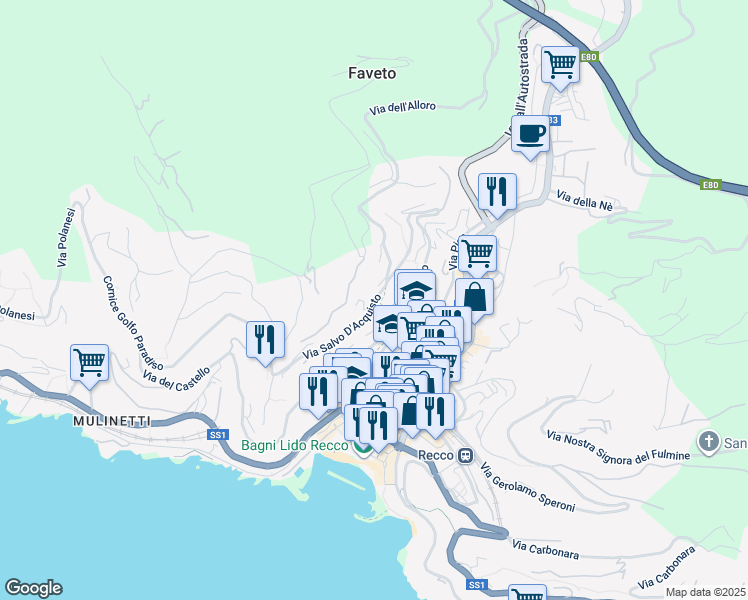 map of restaurants, bars, coffee shops, grocery stores, and more near 1 Via Privata Bellavista in Recco