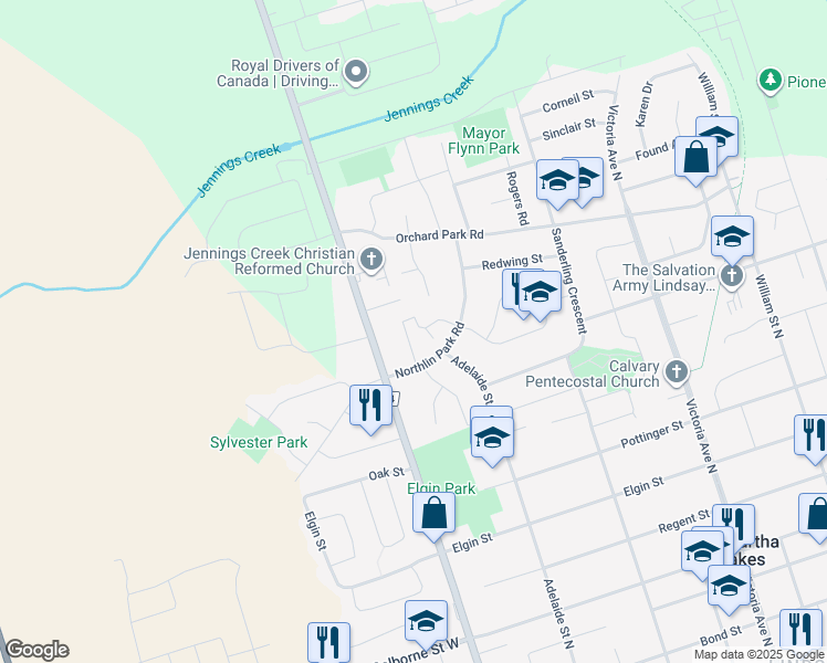 map of restaurants, bars, coffee shops, grocery stores, and more near 25 Westwood Court in Kawartha Lakes