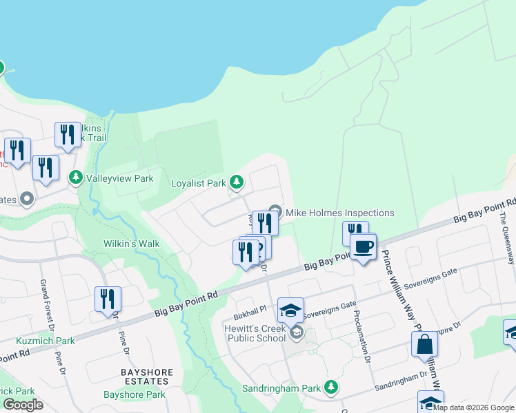 map of restaurants, bars, coffee shops, grocery stores, and more near 52 Jewel House Lane in Barrie