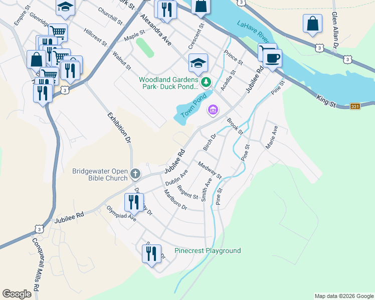 map of restaurants, bars, coffee shops, grocery stores, and more near 197 Jubilee Road in Bridgewater
