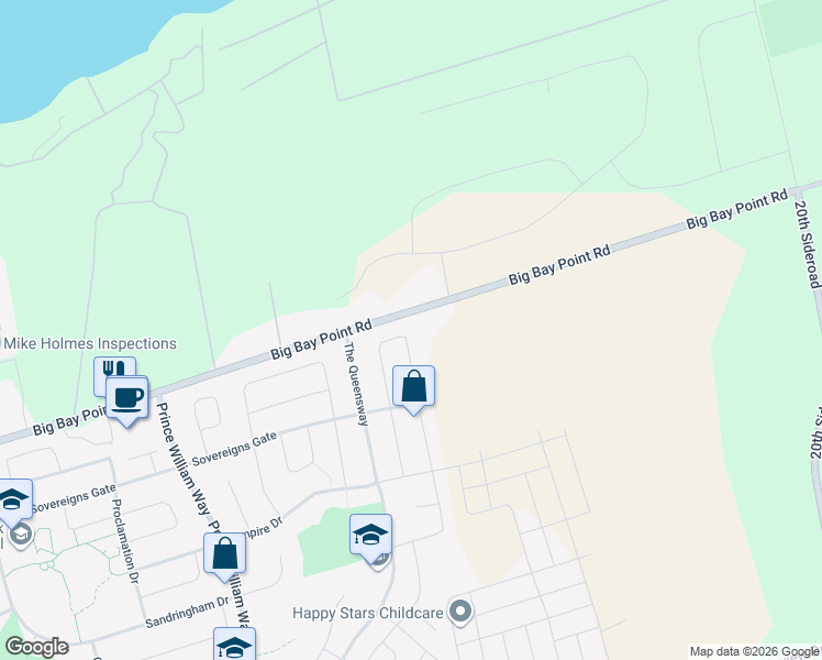 map of restaurants, bars, coffee shops, grocery stores, and more near 58 Versailles Crescent in Barrie