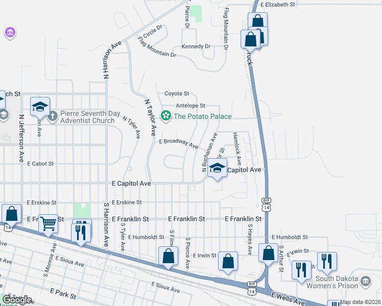 map of restaurants, bars, coffee shops, grocery stores, and more near N Johnson Ave in Pierre