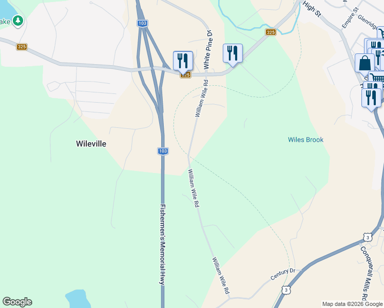map of restaurants, bars, coffee shops, grocery stores, and more near 101 William Wile Road in Wileville