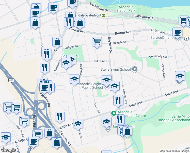 map of restaurants, bars, coffee shops, grocery stores, and more near 31 Glenridge Road in Barrie