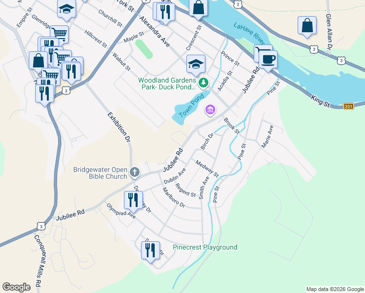 map of restaurants, bars, coffee shops, grocery stores, and more near Jubilee Road in Bridgewater
