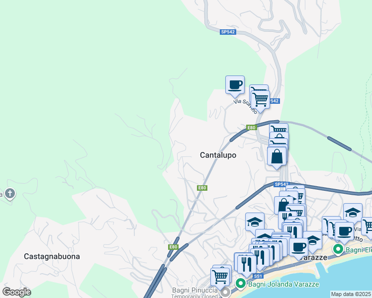 map of restaurants, bars, coffee shops, grocery stores, and more near 32 Via Nuova Cantalupo in Varazze