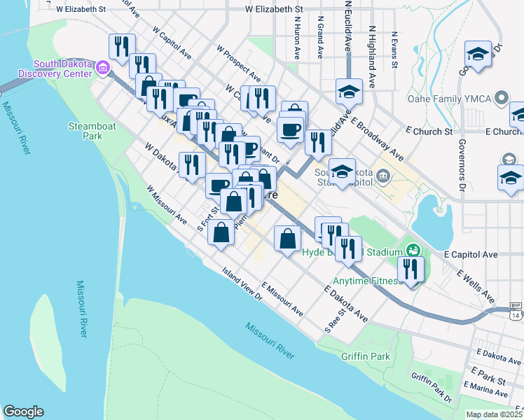 map of restaurants, bars, coffee shops, grocery stores, and more near 106 East Dakota Avenue in Pierre