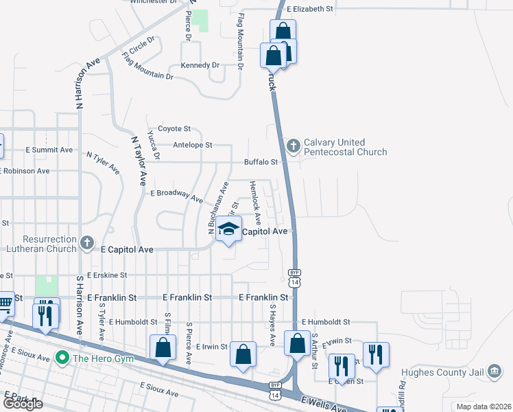 map of restaurants, bars, coffee shops, grocery stores, and more near Hemlock Avenue in Pierre