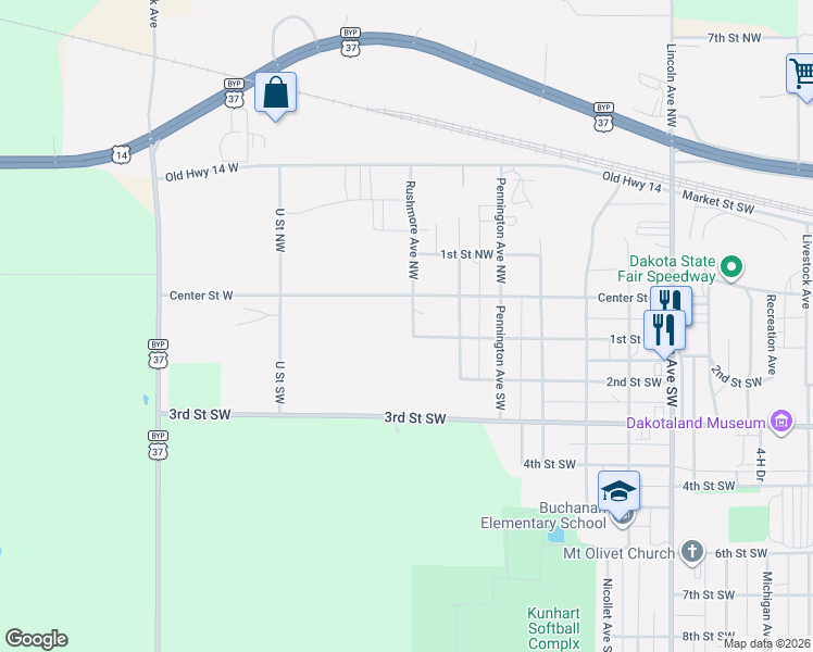 map of restaurants, bars, coffee shops, grocery stores, and more near 1921 3rd Street Southwest in Huron