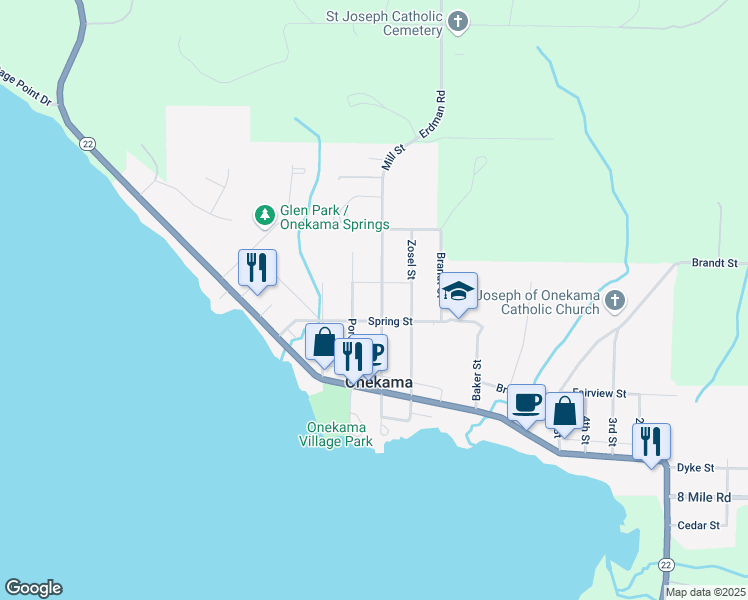 map of restaurants, bars, coffee shops, grocery stores, and more near 8355 Mill Street in Onekama