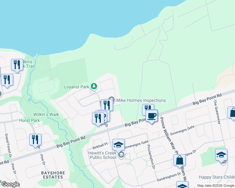 map of restaurants, bars, coffee shops, grocery stores, and more near 79 Jewel House Lane in Barrie
