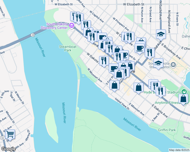 map of restaurants, bars, coffee shops, grocery stores, and more near West Missouri Avenue in Pierre