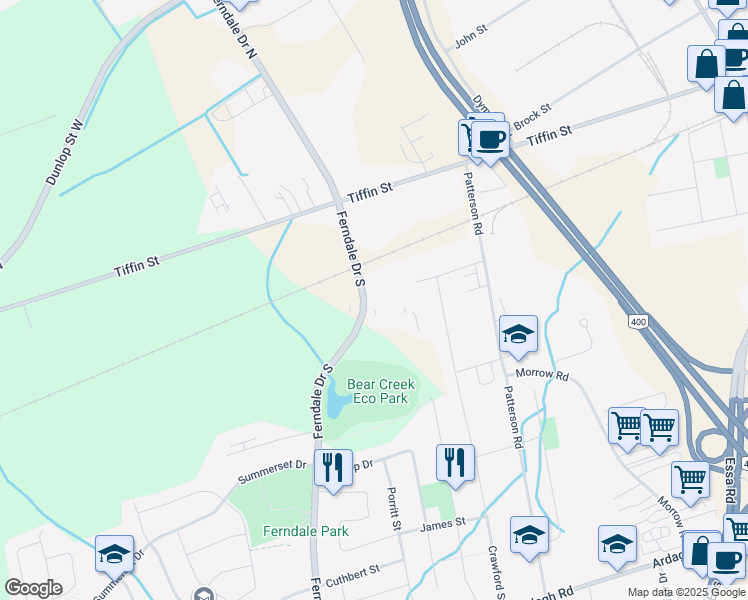 map of restaurants, bars, coffee shops, grocery stores, and more near 39 Ferndale Drive South in Barrie