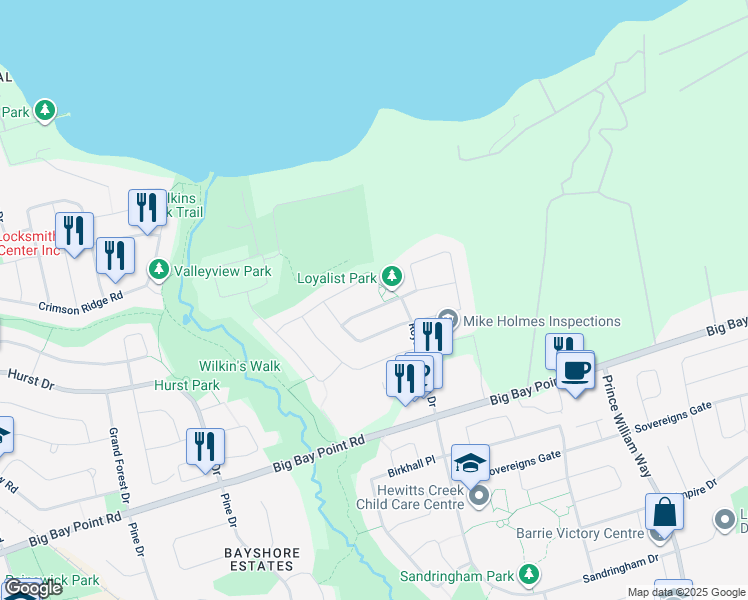 map of restaurants, bars, coffee shops, grocery stores, and more near 16 Imperial Crown Lane in Barrie