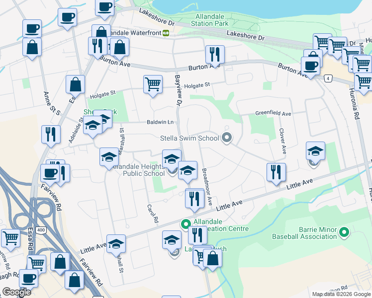 map of restaurants, bars, coffee shops, grocery stores, and more near 101 Bayview Drive in Barrie