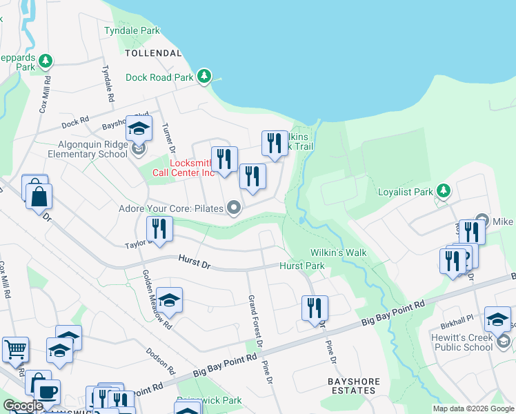 map of restaurants, bars, coffee shops, grocery stores, and more near 24 Bloxham Place in Barrie