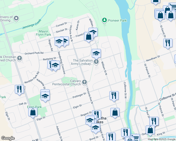 map of restaurants, bars, coffee shops, grocery stores, and more near 9 Susan Court in Lindsay