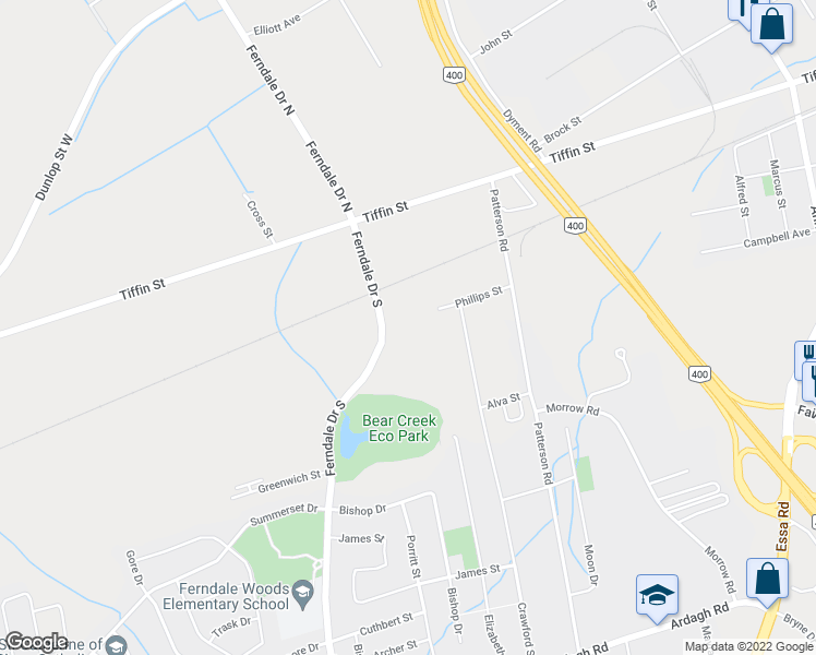 map of restaurants, bars, coffee shops, grocery stores, and more near 29 Ferndale Drive South in Barrie