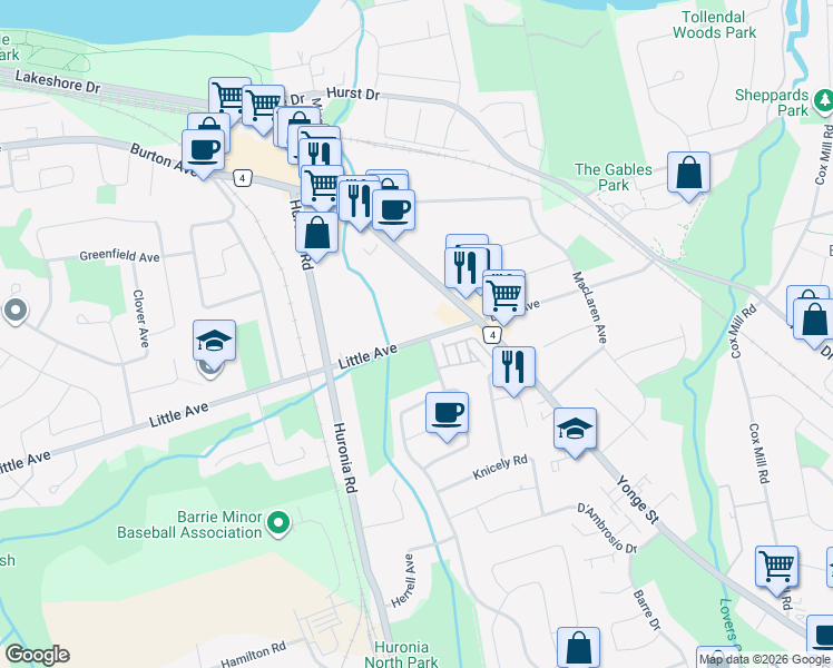 map of restaurants, bars, coffee shops, grocery stores, and more near 378 Yonge Street in Barrie