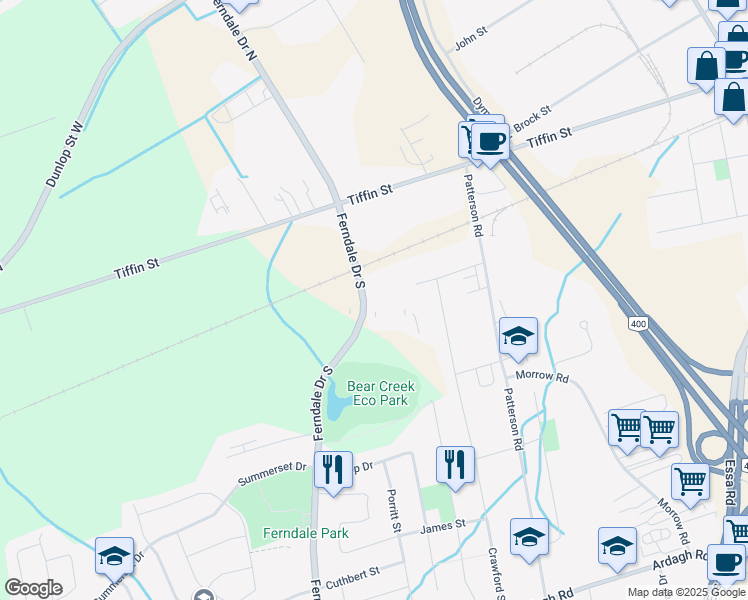 map of restaurants, bars, coffee shops, grocery stores, and more near 39 Ferndale Drive South in Barrie