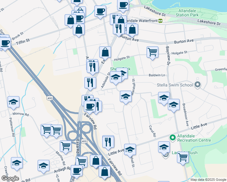 map of restaurants, bars, coffee shops, grocery stores, and more near 72 Adelaide Street in Barrie