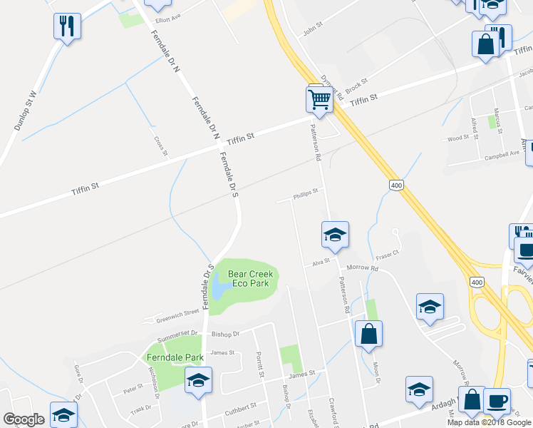 map of restaurants, bars, coffee shops, grocery stores, and more near 223 Phillips Street in Barrie