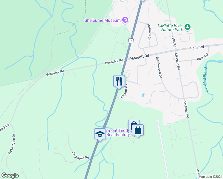 map of restaurants, bars, coffee shops, grocery stores, and more near 6308 Shelburne Road in Shelburne