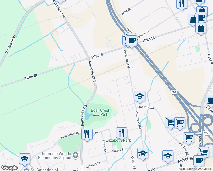map of restaurants, bars, coffee shops, grocery stores, and more near 45 Ferndale Drive South in Barrie