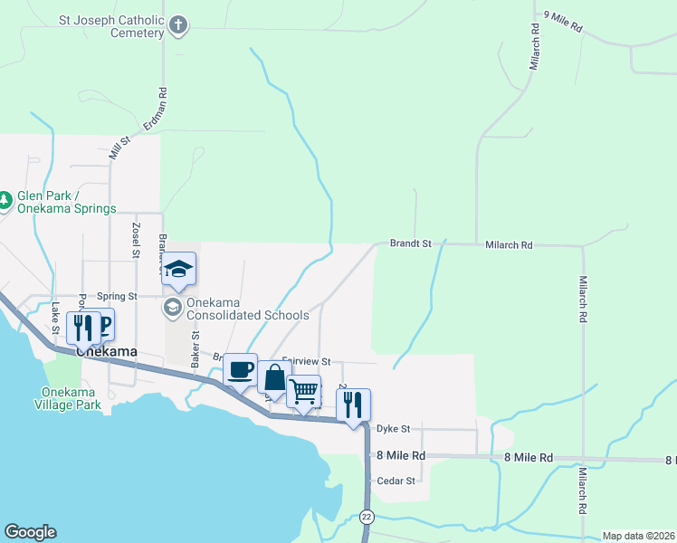 map of restaurants, bars, coffee shops, grocery stores, and more near 8456 3rd Street in Onekama