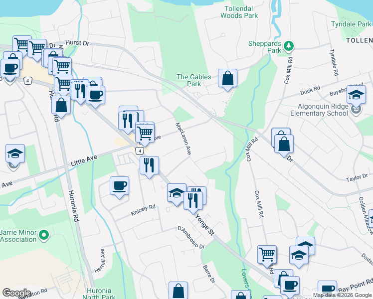 map of restaurants, bars, coffee shops, grocery stores, and more near 1 Bates Court in Barrie