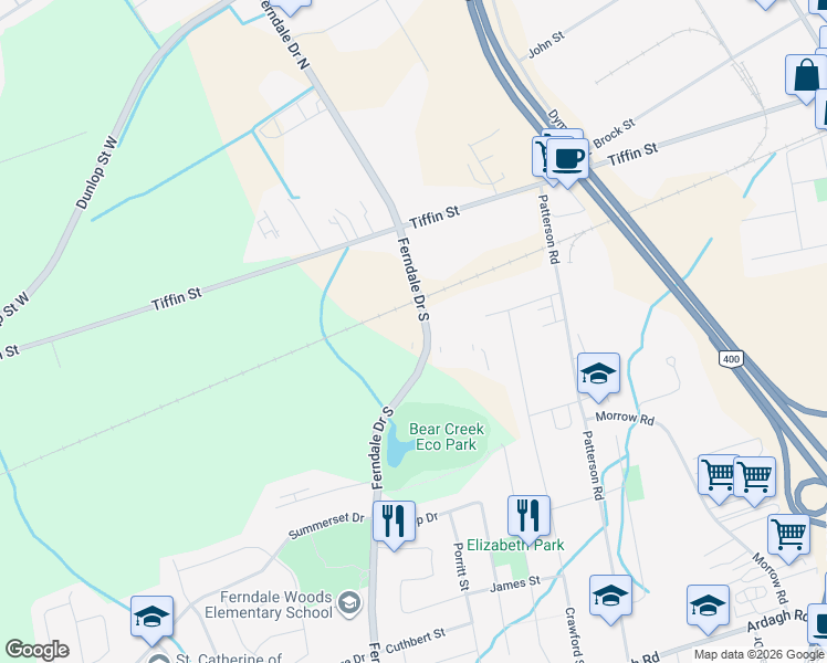 map of restaurants, bars, coffee shops, grocery stores, and more near 40 Ferndale Drive South in Barrie