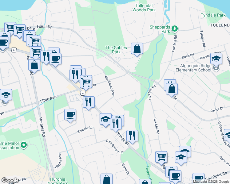 map of restaurants, bars, coffee shops, grocery stores, and more near in Barrie