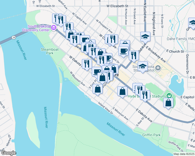 map of restaurants, bars, coffee shops, grocery stores, and more near 401 South Fort Street in Pierre