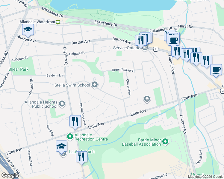 map of restaurants, bars, coffee shops, grocery stores, and more near 29 Hambly Court in Barrie