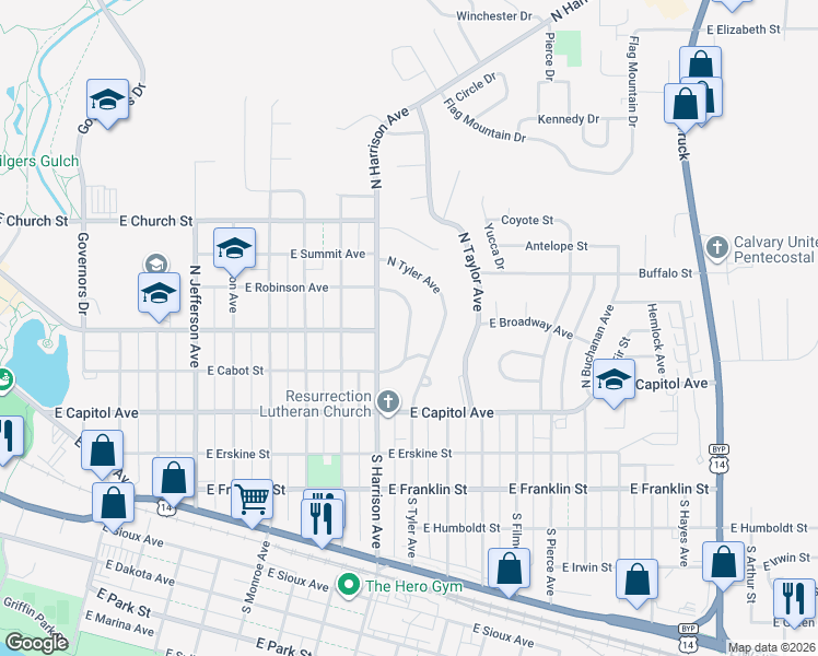 map of restaurants, bars, coffee shops, grocery stores, and more near North Robinson Avenue in Pierre