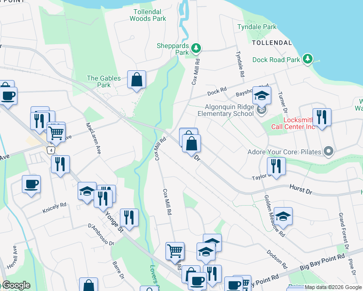 map of restaurants, bars, coffee shops, grocery stores, and more near Hurst Drive in Barrie
