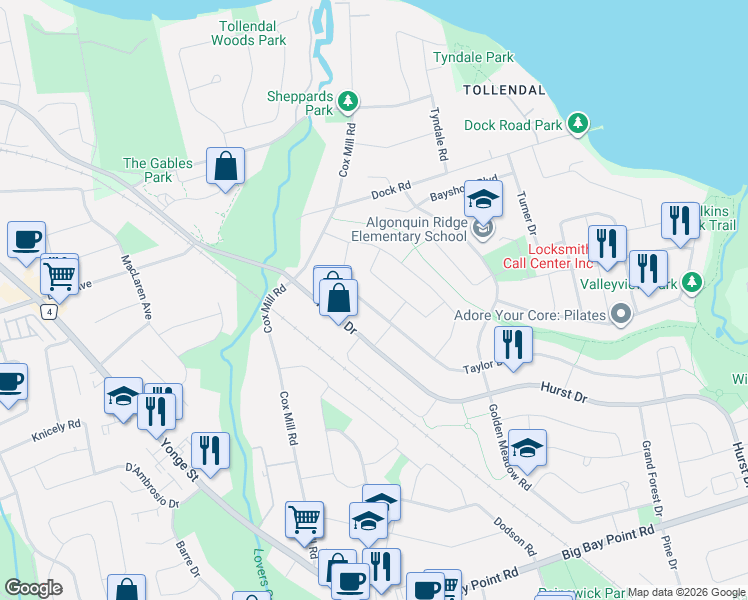 map of restaurants, bars, coffee shops, grocery stores, and more near 21 Felt Crescent in Barrie