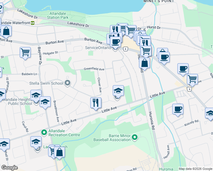 map of restaurants, bars, coffee shops, grocery stores, and more near in Barrie