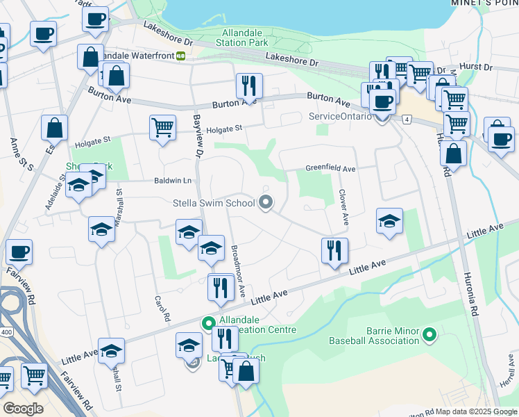 map of restaurants, bars, coffee shops, grocery stores, and more near 37 Springhome Road in Barrie