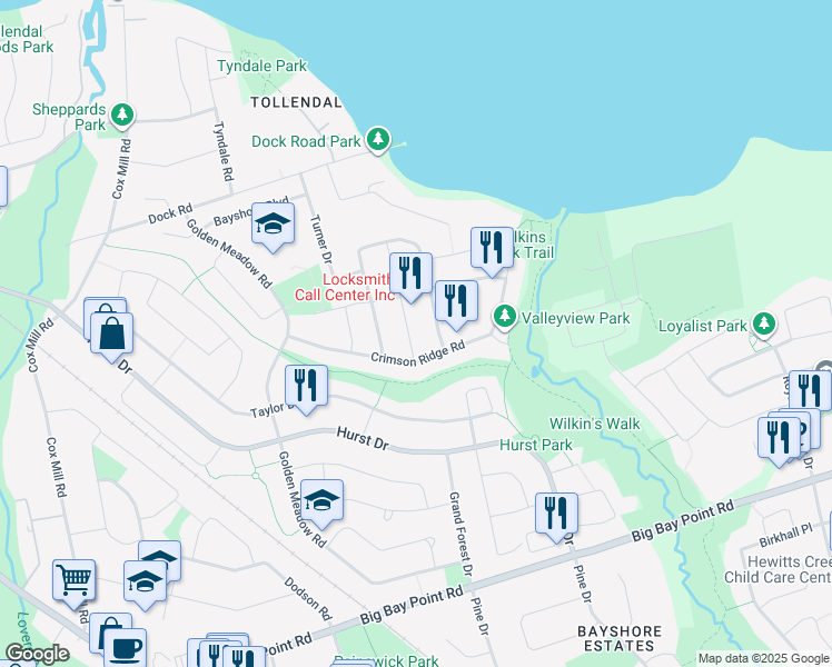 map of restaurants, bars, coffee shops, grocery stores, and more near 9 Tamarack Trail in Barrie