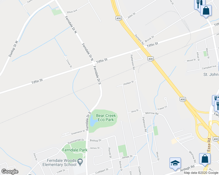 map of restaurants, bars, coffee shops, grocery stores, and more near 223 Phillips Street in Barrie