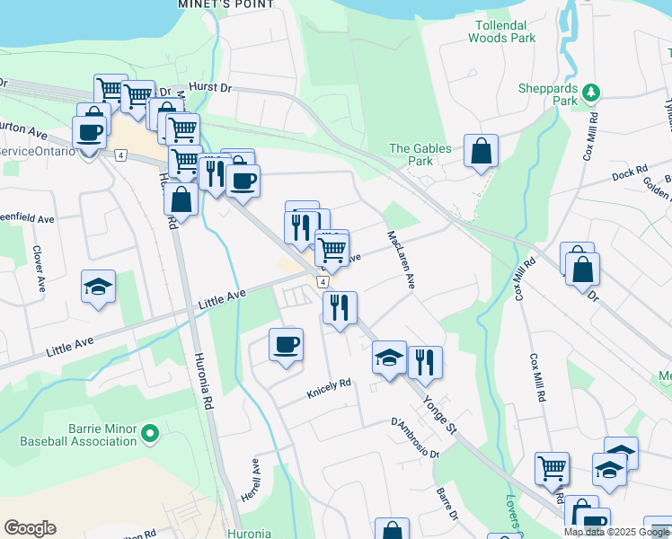 map of restaurants, bars, coffee shops, grocery stores, and more near 370 Little Avenue in Barrie