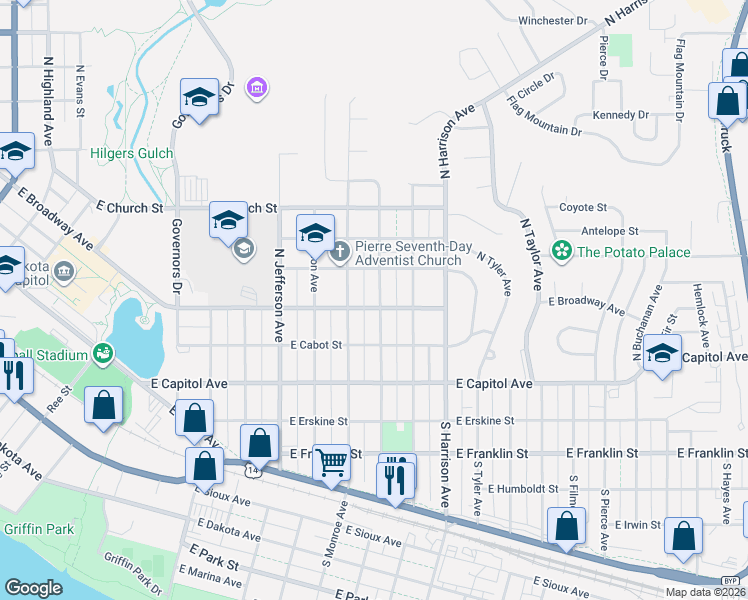 map of restaurants, bars, coffee shops, grocery stores, and more near 105 North Jackson Avenue in Pierre
