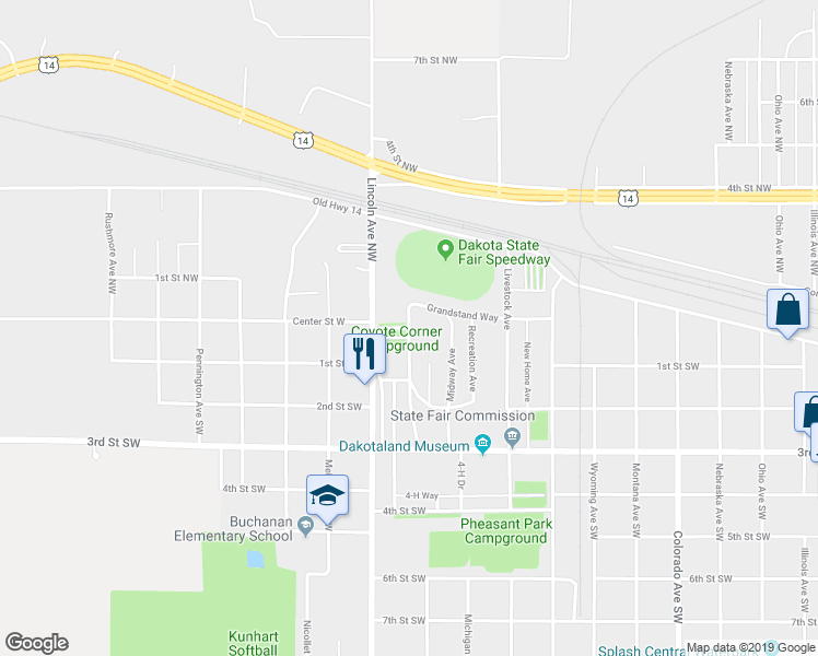 map of restaurants, bars, coffee shops, grocery stores, and more near 1st Street Southwest in Huron
