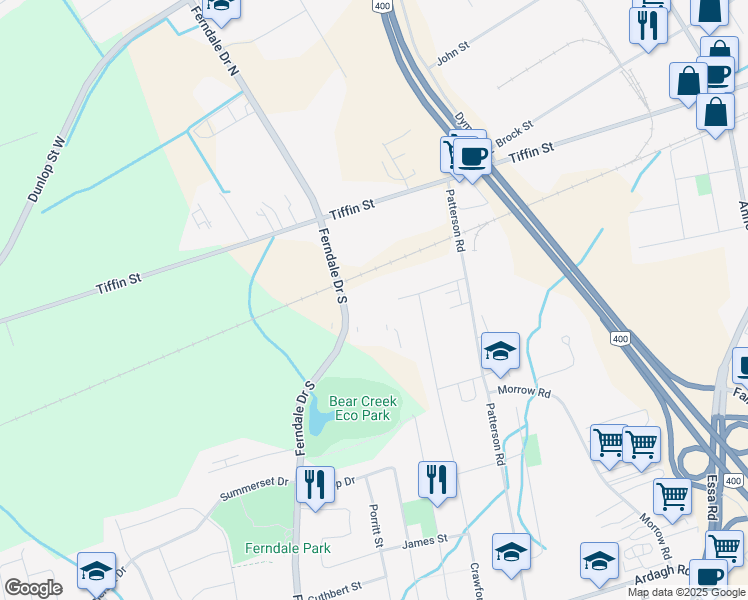 map of restaurants, bars, coffee shops, grocery stores, and more near 51 Ferndale Drive South in Barrie