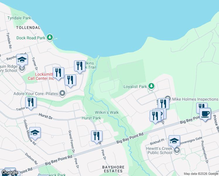 map of restaurants, bars, coffee shops, grocery stores, and more near 2 Camelot Square in Barrie