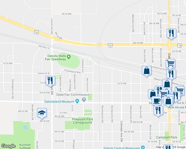 map of restaurants, bars, coffee shops, grocery stores, and more near 18 Nevada Avenue Southwest in Huron