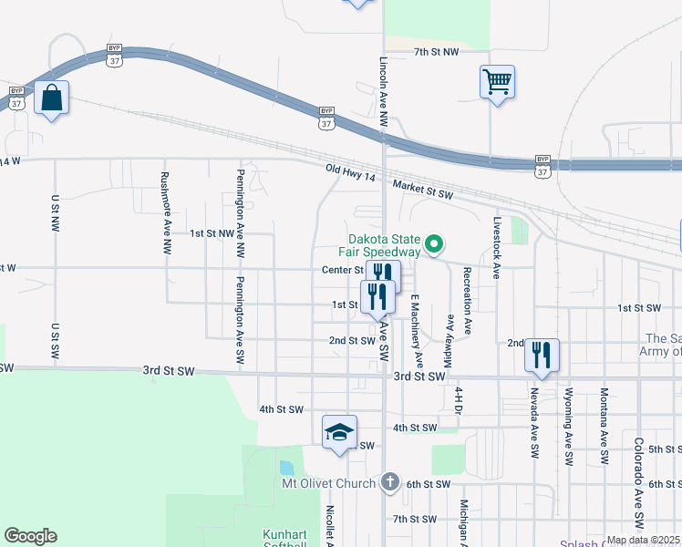 map of restaurants, bars, coffee shops, grocery stores, and more near 5 Mellette Avenue Southwest in Huron