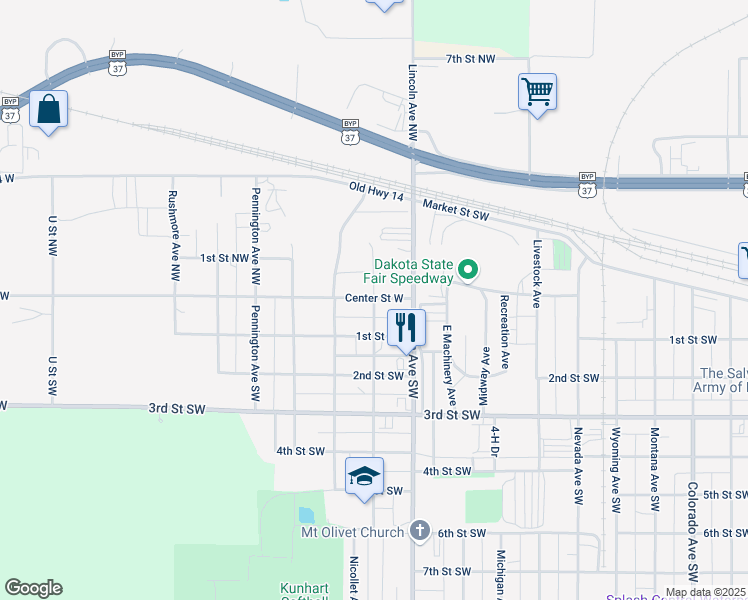 map of restaurants, bars, coffee shops, grocery stores, and more near 5 Mellette Avenue Southwest in Huron